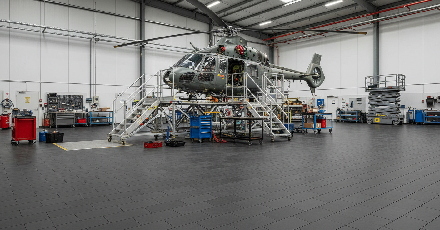 Aircraft hangar flooring tiles 10mm PVC aviation workshop floor UK