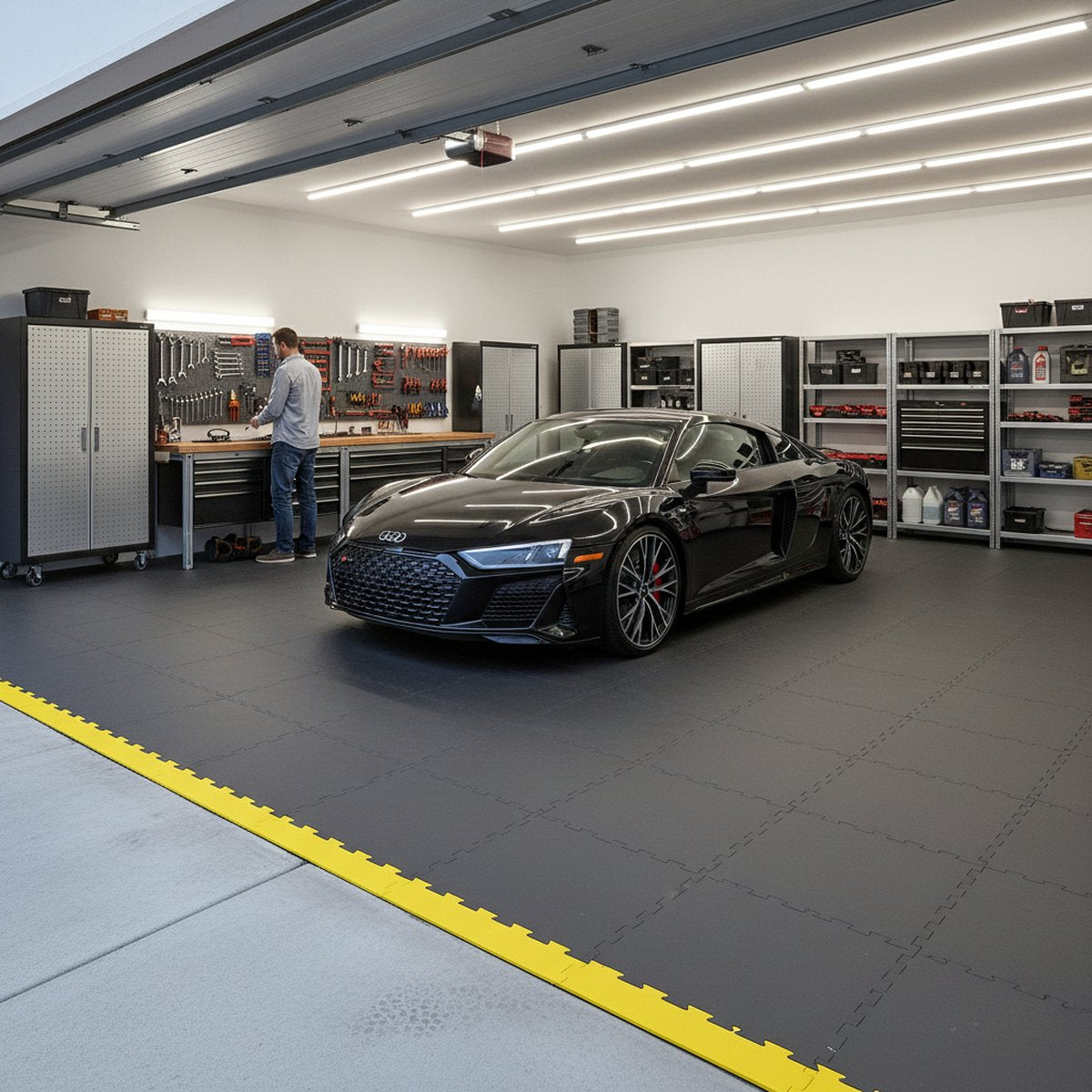 Aircraft Hangar Flooring Tiles 10mm PVC | Aviation Workshop Floor Protection | Jet Fuel Resistant 5T Load UK installed in warehouse setting