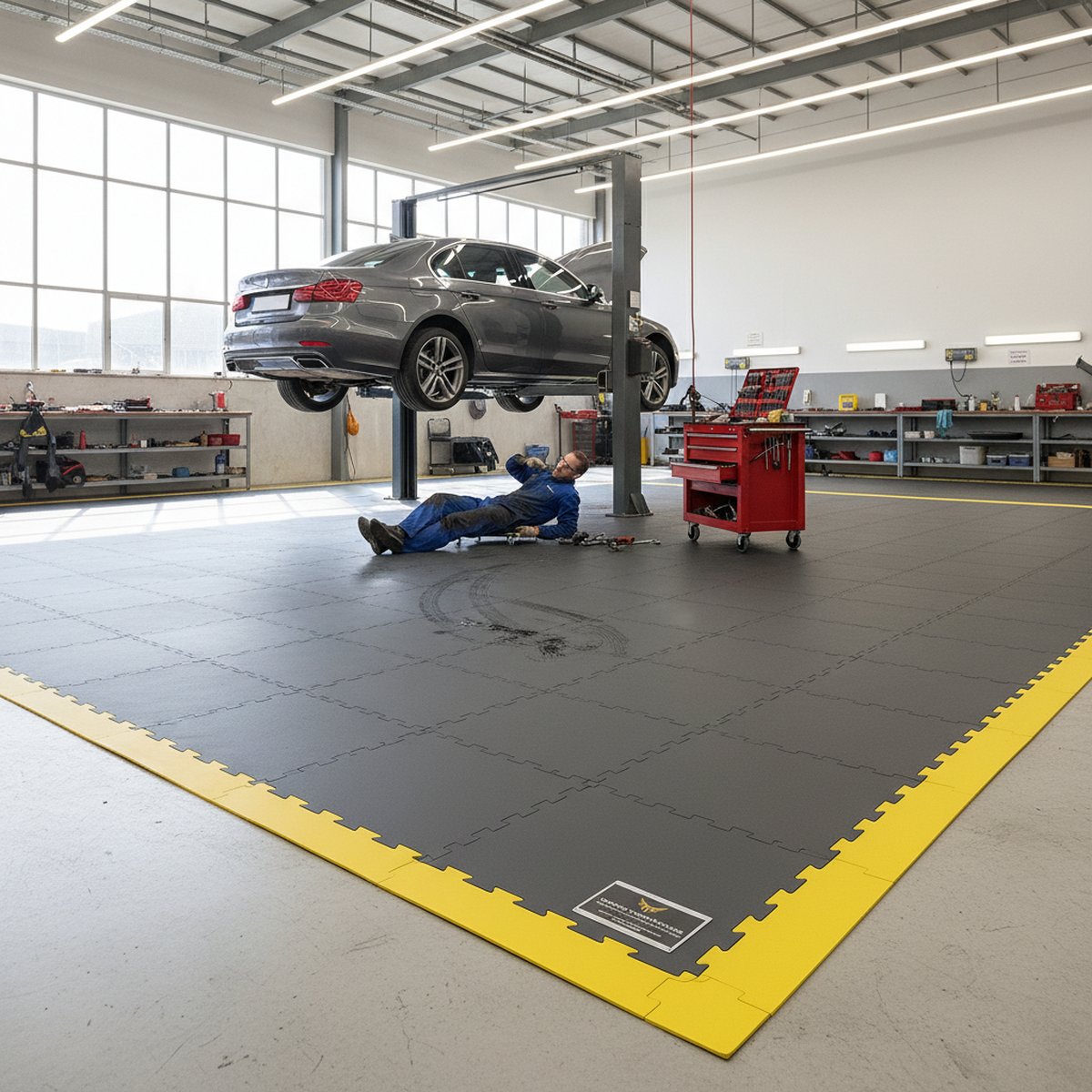Aircraft Hangar Flooring Tiles 10mm PVC | Aviation Workshop Floor Protection | Jet Fuel Resistant 5T Load UK installed in workshop setting