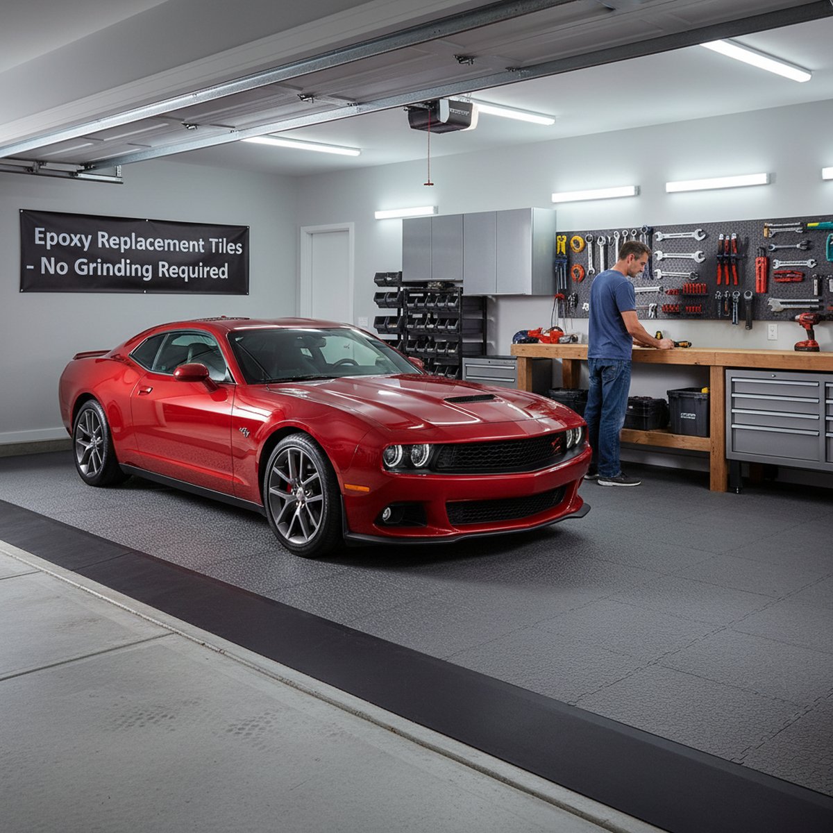 Epoxy Replacement Tiles - No Grinding Required installed in home garage setting