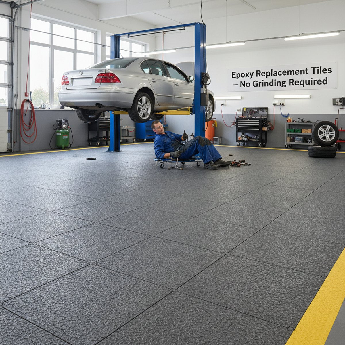 Epoxy Replacement Tiles - No Grinding Required installed in workshop setting