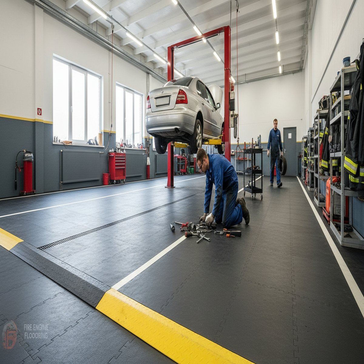 Fire Engine Bay Flooring - Appliance Weight Rated installed in warehouse setting