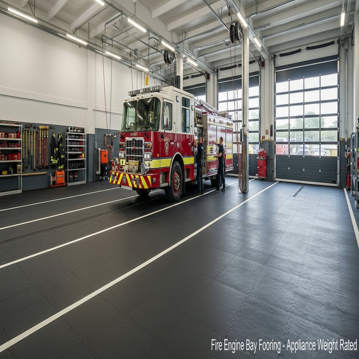 Fire Engine Bay Flooring - Appliance Weight Rated installed in workshop setting