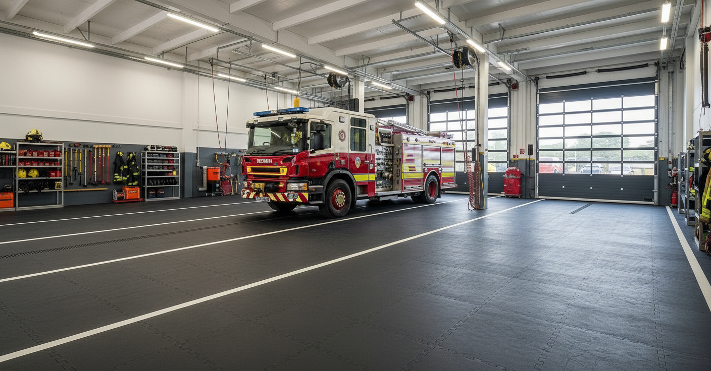 Fire station floor tiles 10mm heavy duty appliance bay flooring UK