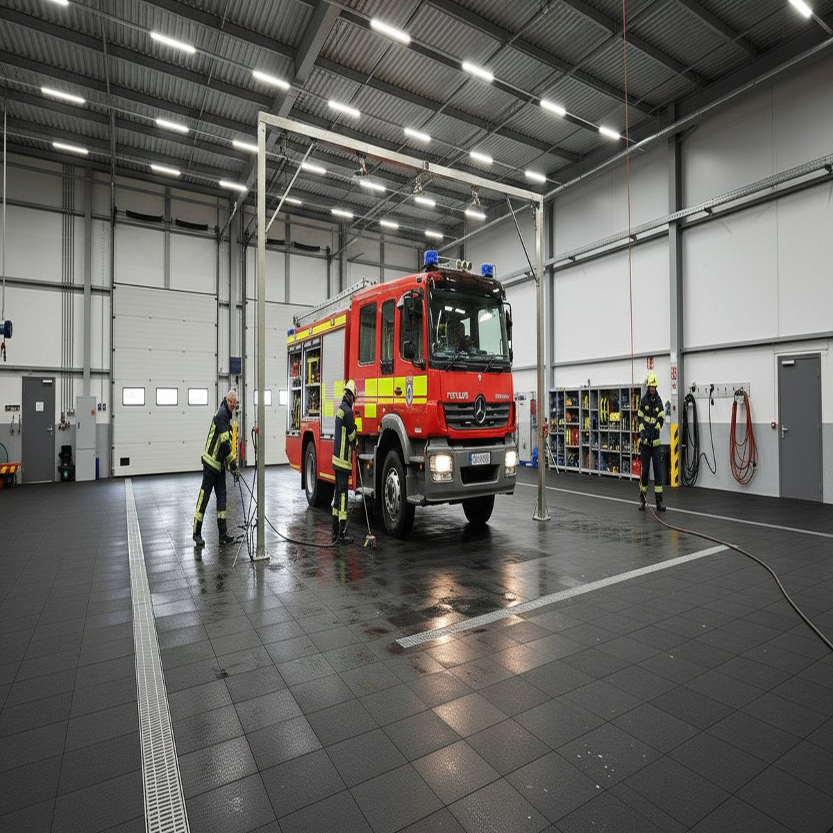 Fire Station Floor Tiles 10mm Heavy Duty | Appliance Bay Flooring Chemical Resistant | 5 Tonne Fire Engine Rated UK installed in workshop setting