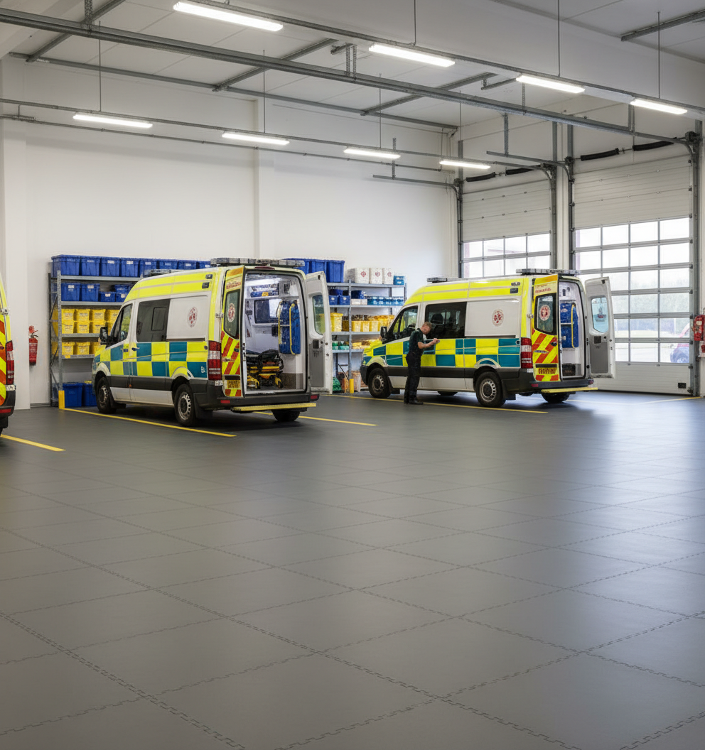Fire Station Floor Tiles 10mm Heavy Duty | Appliance Bay Flooring Chemical Resistant | 5 Tonne Fire Engine Rated UK