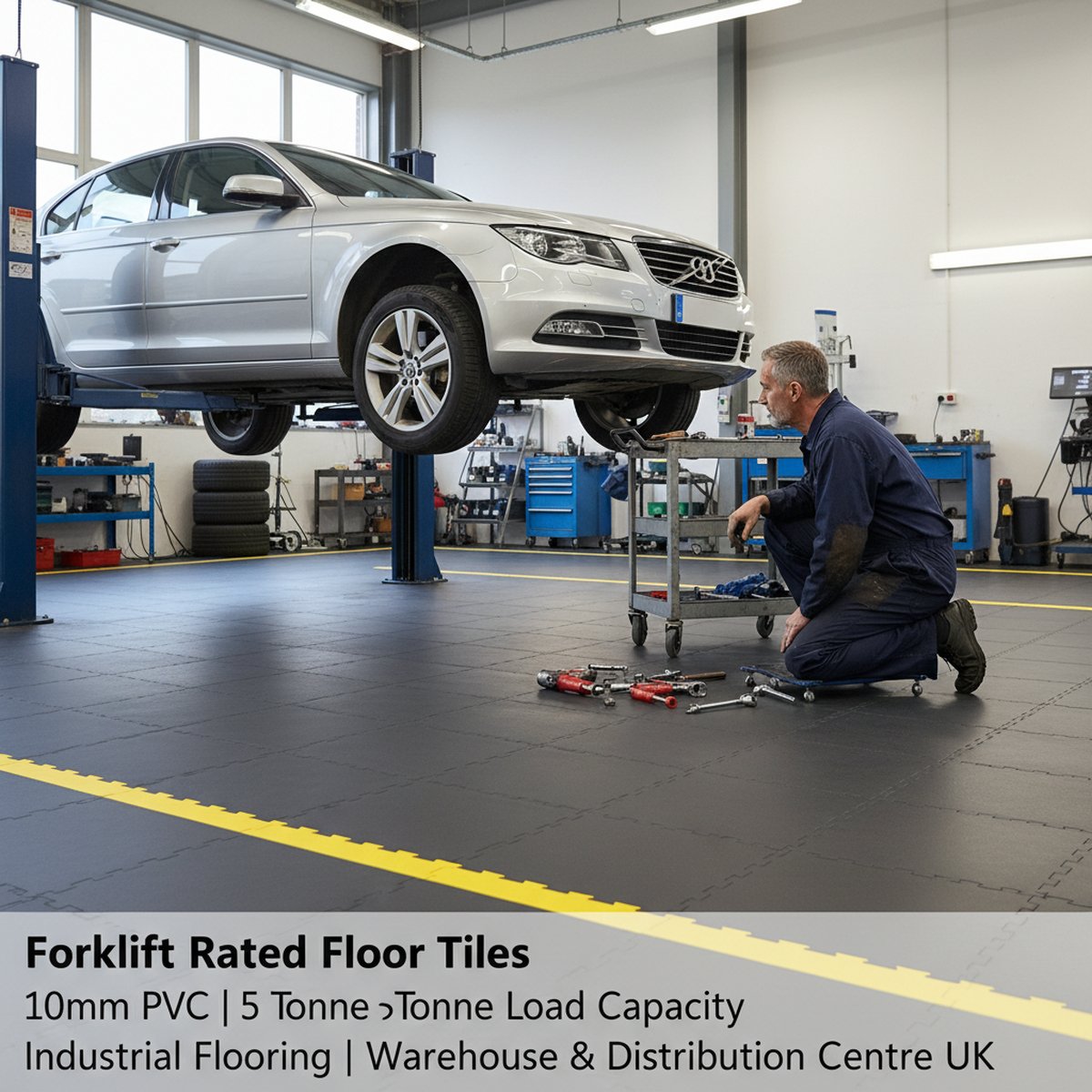 Forklift Rated Floor Tiles 10mm PVC | 5 Tonne Load Capacity Industrial Flooring | Warehouse & Distribution Centre UK installed in home garage setting