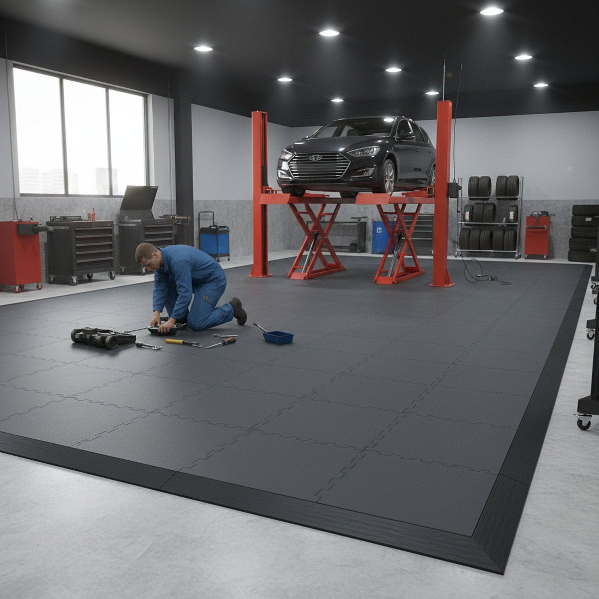 Heavy-Duty Concrete Overlay Tiles - 20 Tonne Rated installed in workshop setting