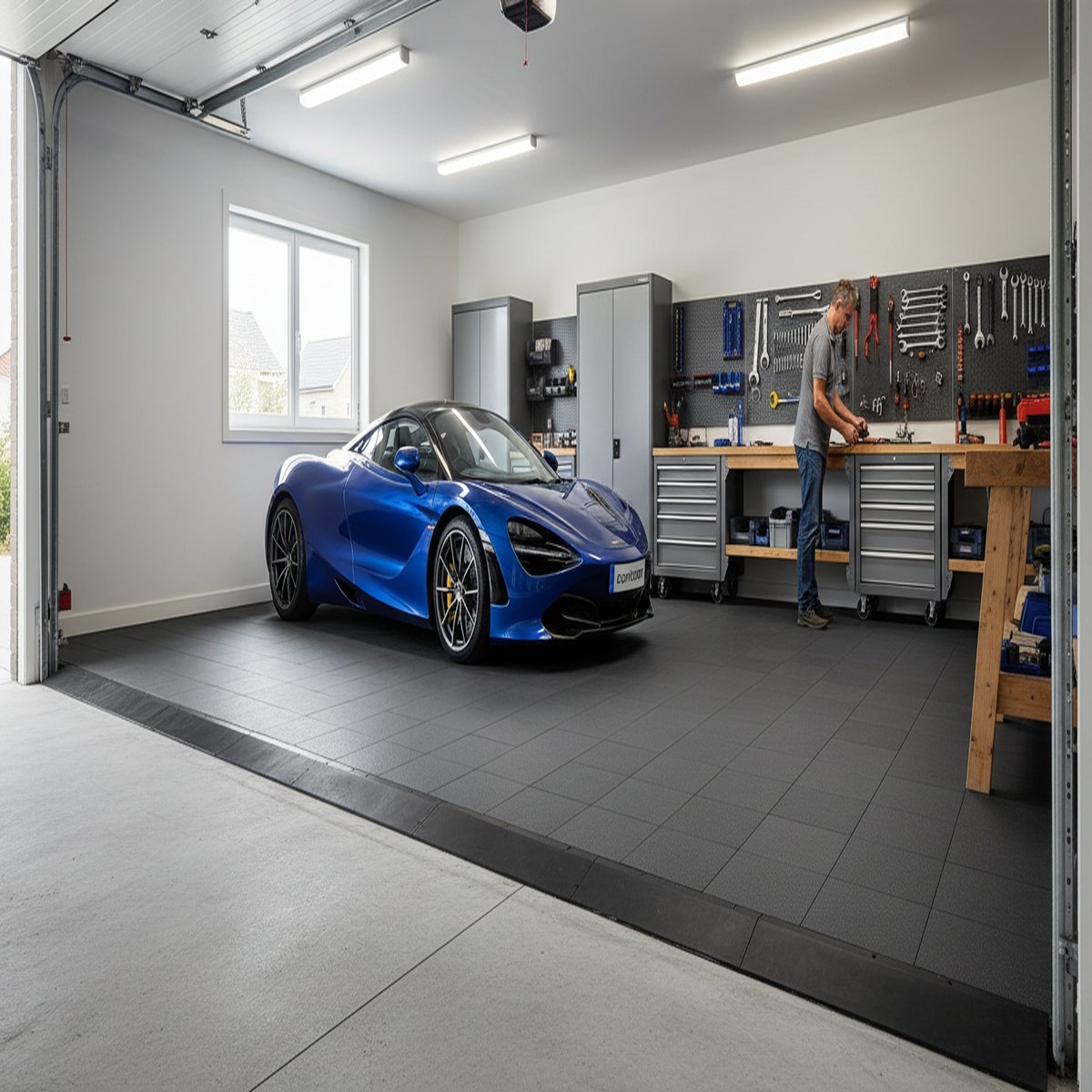 Heavy-Duty DC Floor Tiles - Dust-Free Surface installed in home garage setting