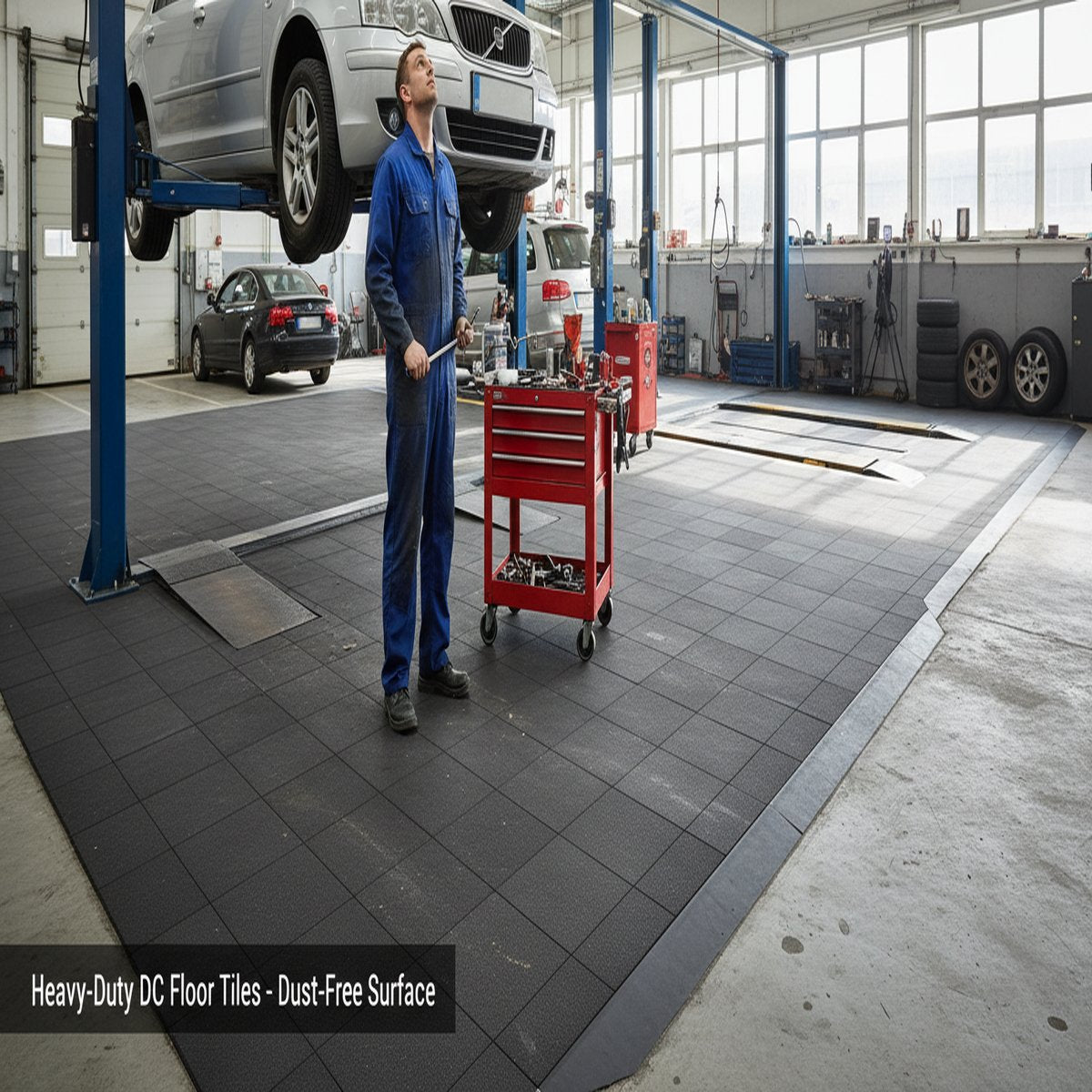 Heavy-Duty DC Floor Tiles - Dust-Free Surface installed in workshop setting