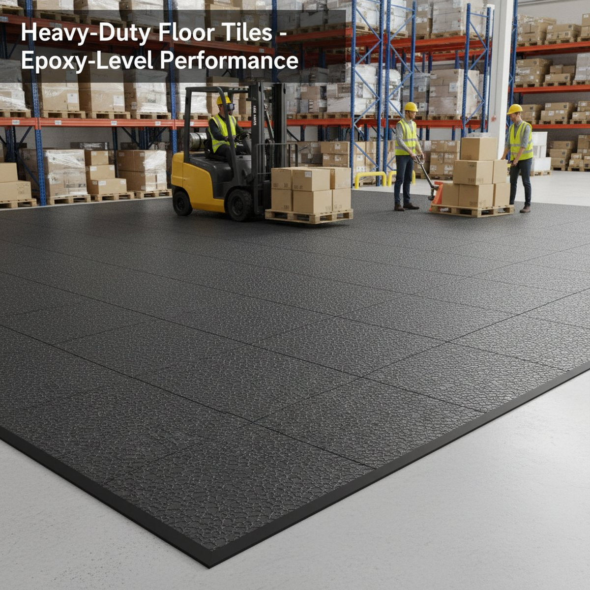 Heavy-Duty Floor Tiles - Epoxy-Level Performance installed in warehouse setting