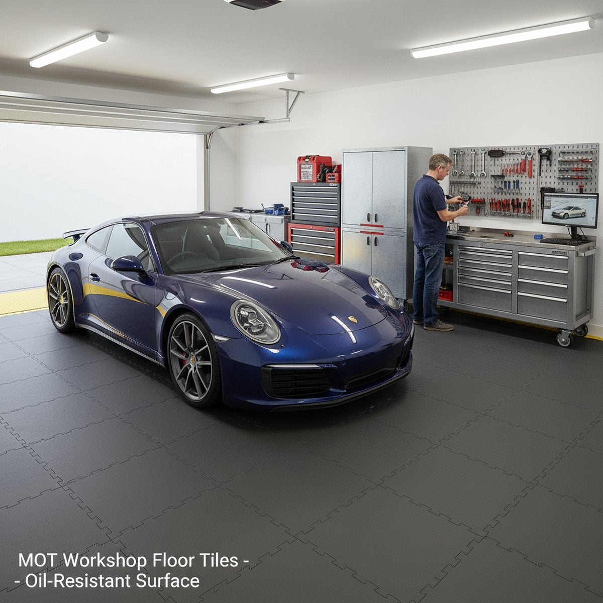 MOT Workshop Floor Tiles - Oil-Resistant Surface installed in warehouse setting