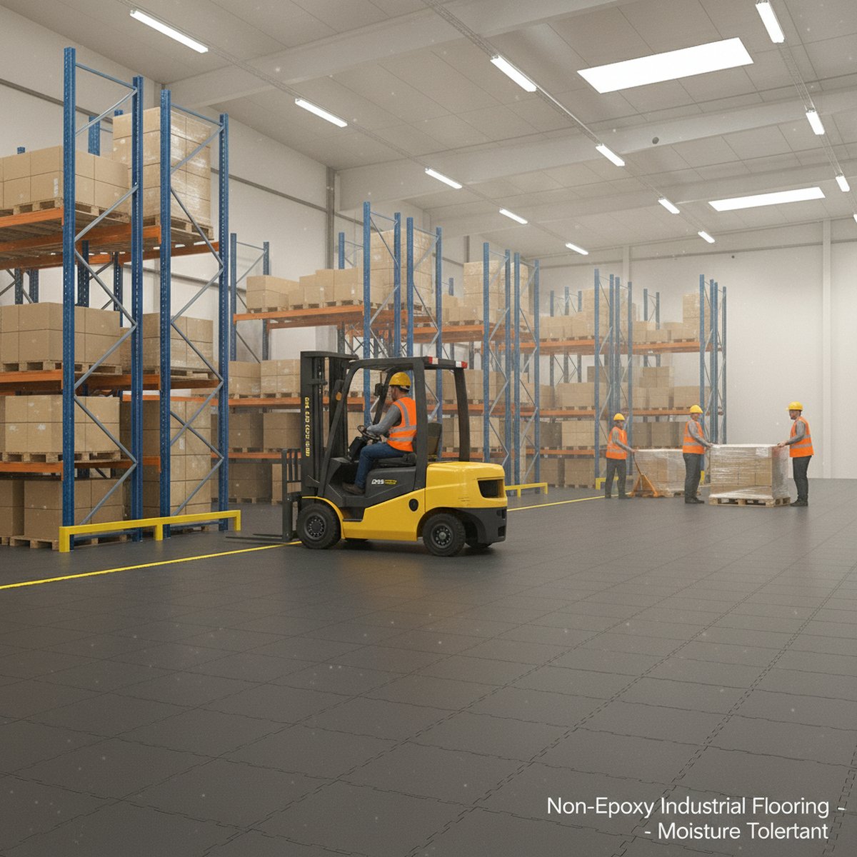 Non-Epoxy Industrial Flooring - Moisture Tolerant installed in warehouse setting