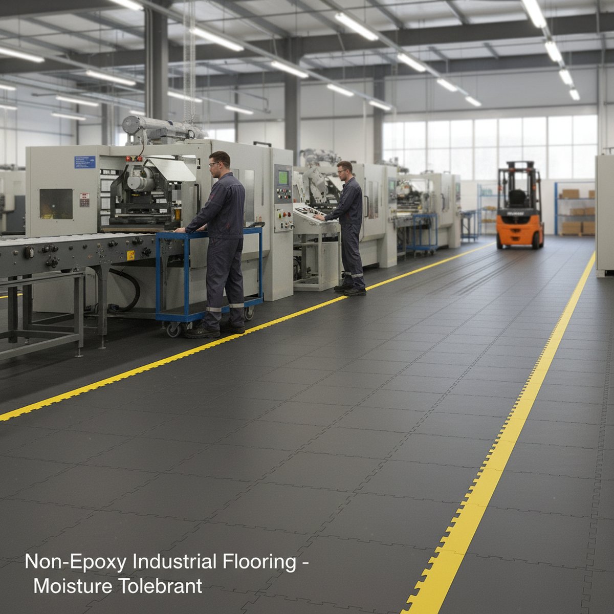 Non-Epoxy Industrial Flooring - Moisture Tolerant installed in workshop setting