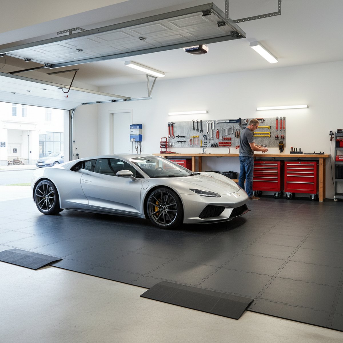 Retail Showroom Floor Tiles 10mm PVC | Car Dealership Shop Flooring | Professional Interlocking Display Tiles UK installed in home garage setting