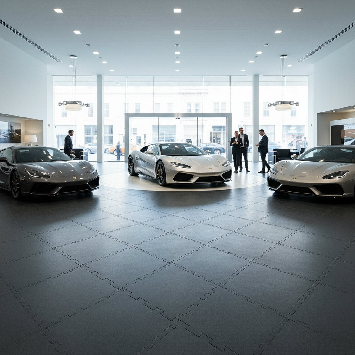 Retail Showroom Floor Tiles 10mm PVC | Car Dealership Shop Flooring | Professional Interlocking Display Tiles UK installed in workshop setting