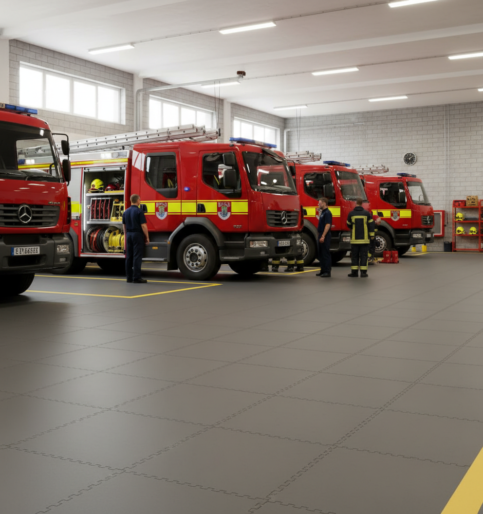 Fire Station Floor Tiles 10mm Heavy Duty | Appliance Bay Flooring Chemical Resistant | 5 Tonne Fire Engine Rated UK