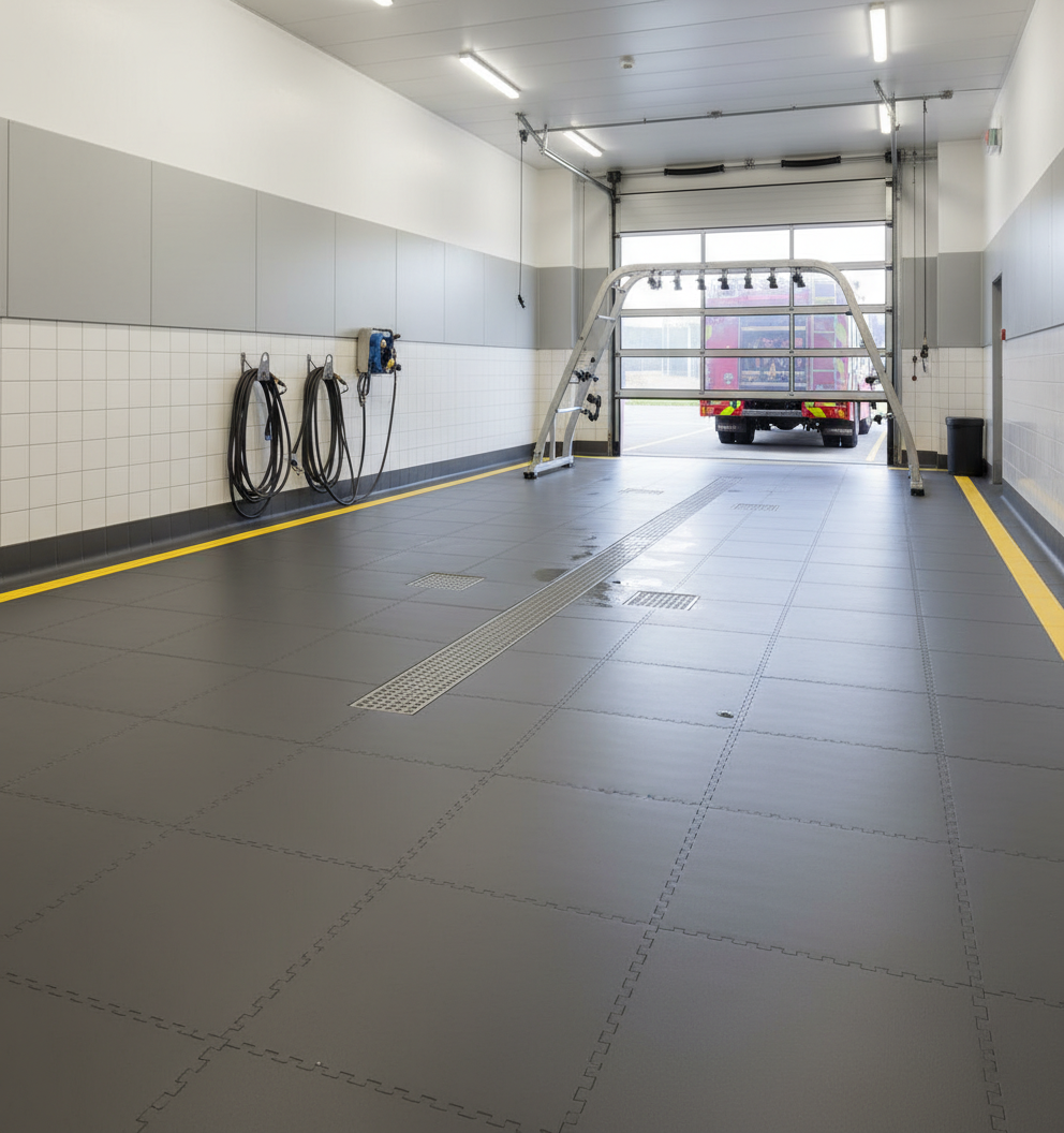 Fire Station Floor Tiles 10mm Heavy Duty | Appliance Bay Flooring Chemical Resistant | 5 Tonne Fire Engine Rated UK
