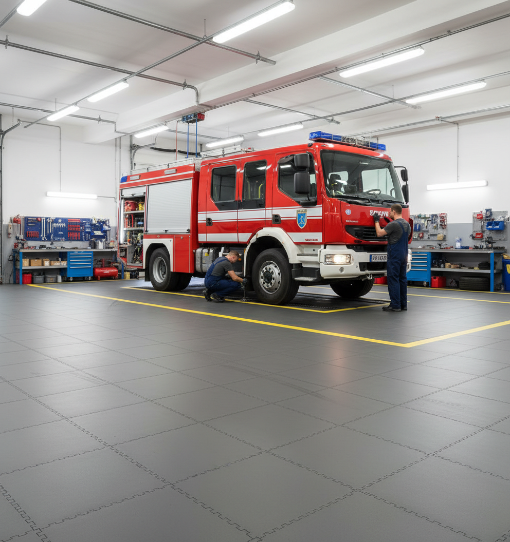 Fire Station Floor Tiles 10mm Heavy Duty | Appliance Bay Flooring Chemical Resistant | 5 Tonne Fire Engine Rated UK