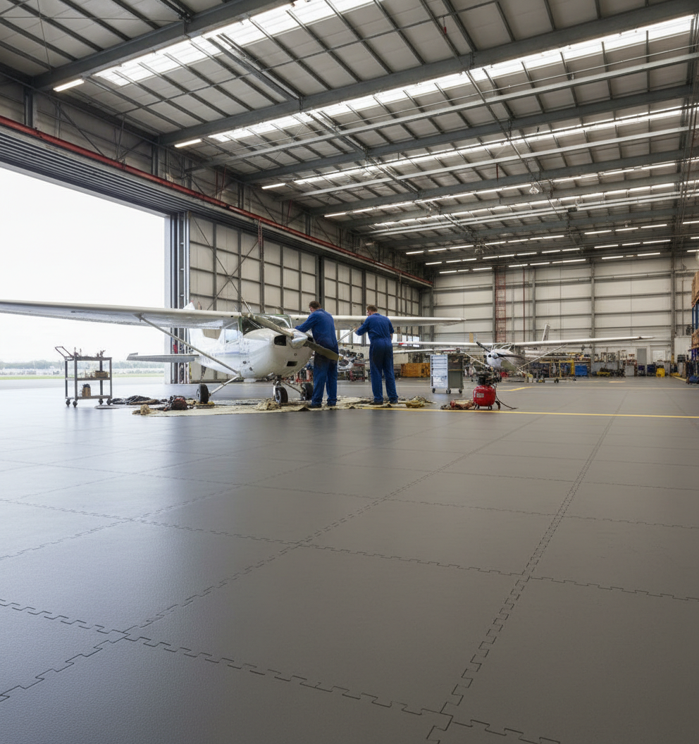 Aircraft Hangar Flooring Tiles 10mm PVC | Aviation Workshop Floor Protection | Jet Fuel Resistant 5T Load UK
