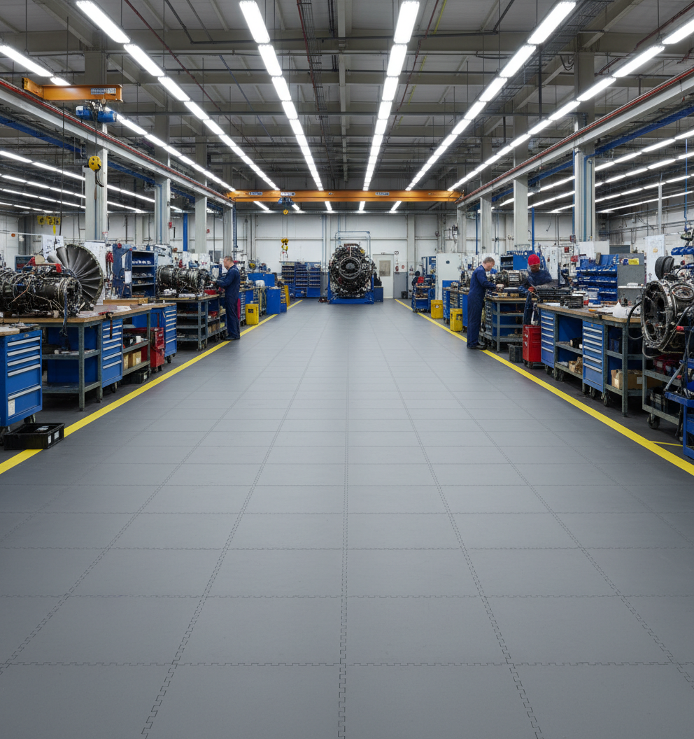 Aircraft Hangar Flooring Tiles 10mm PVC | Aviation Workshop Floor Protection | Jet Fuel Resistant 5T Load UK
