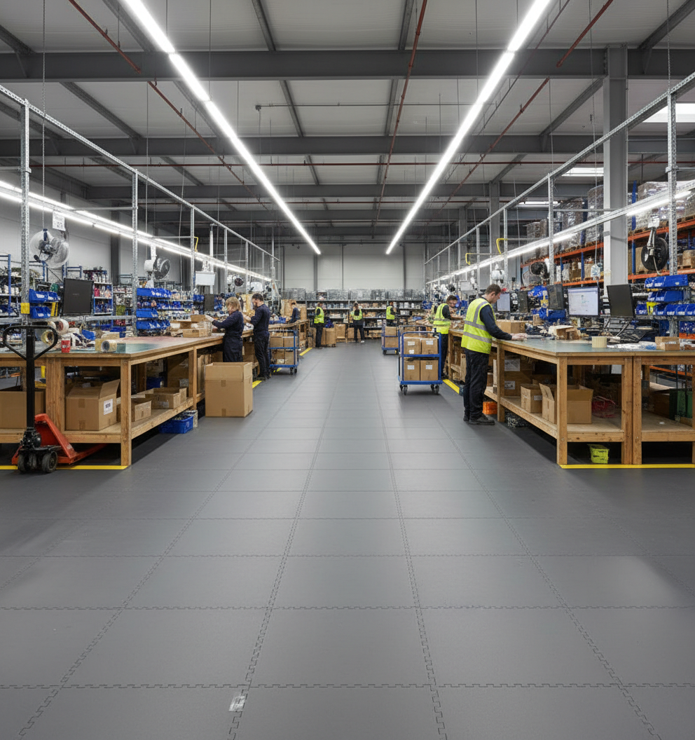 Factory & Warehouse Floor Tiles 10mm | Industrial Production Line Flooring | Forklift Safe Chemical Resistant UK