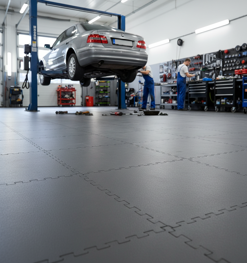 Oil & Chemical Resistant Garage Floor Tiles | 10mm PVC Workshop Flooring Diesel Proof | Acid & Solvent Safe Industrial UK