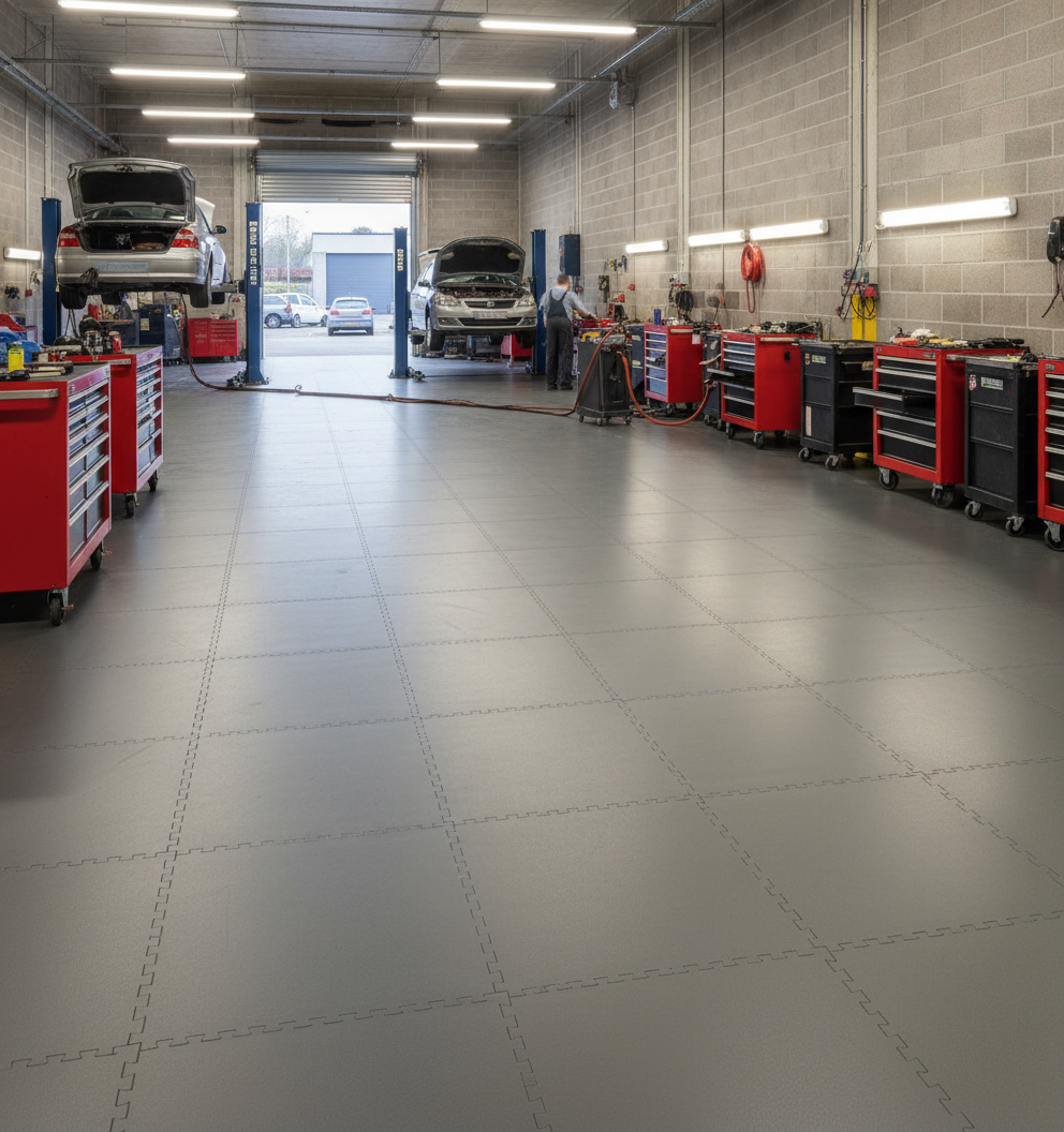Oil & Chemical Resistant Garage Floor Tiles | 10mm PVC Workshop Flooring Diesel Proof | Acid & Solvent Safe Industrial UK