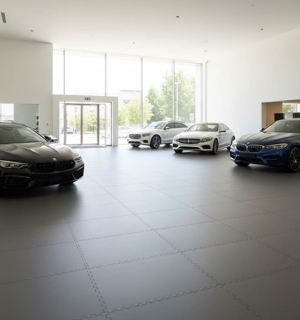 Retail Showroom Floor Tiles 10mm PVC | Car Dealership Shop Flooring | Professional Interlocking Display Tiles UK