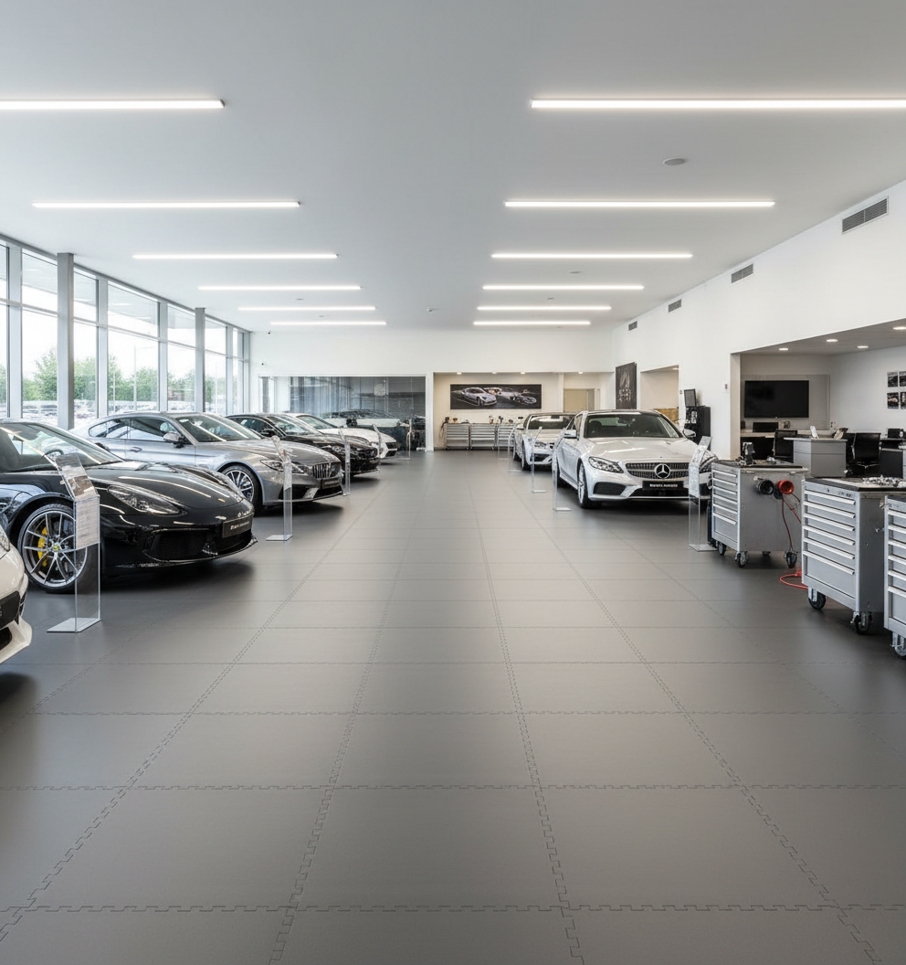 Retail Showroom Floor Tiles 10mm PVC | Car Dealership Shop Flooring | Professional Interlocking Display Tiles UK