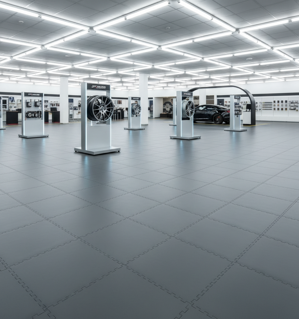 Retail Showroom Floor Tiles 10mm PVC | Car Dealership Shop Flooring | Professional Interlocking Display Tiles UK