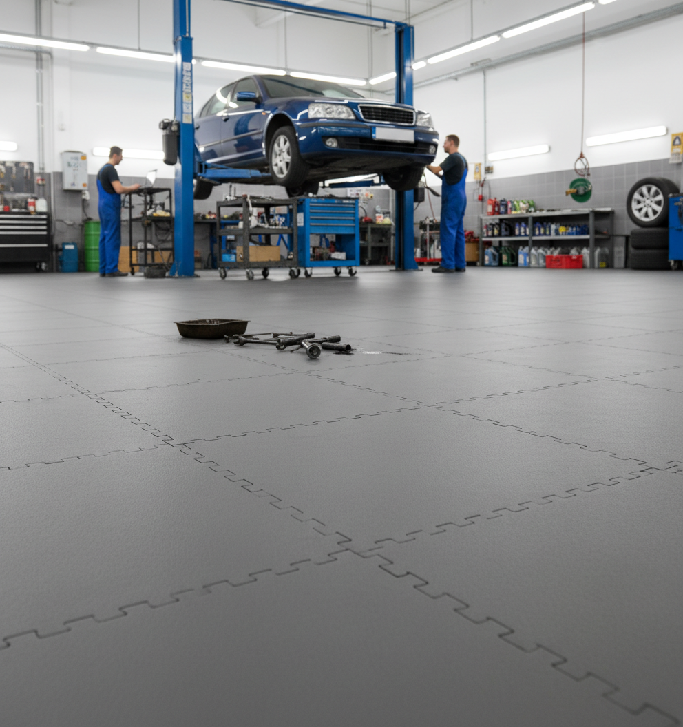 Commercial Garage Floor Tiles | 20 Tonne Load Rating | Oil-Resistant PVC
