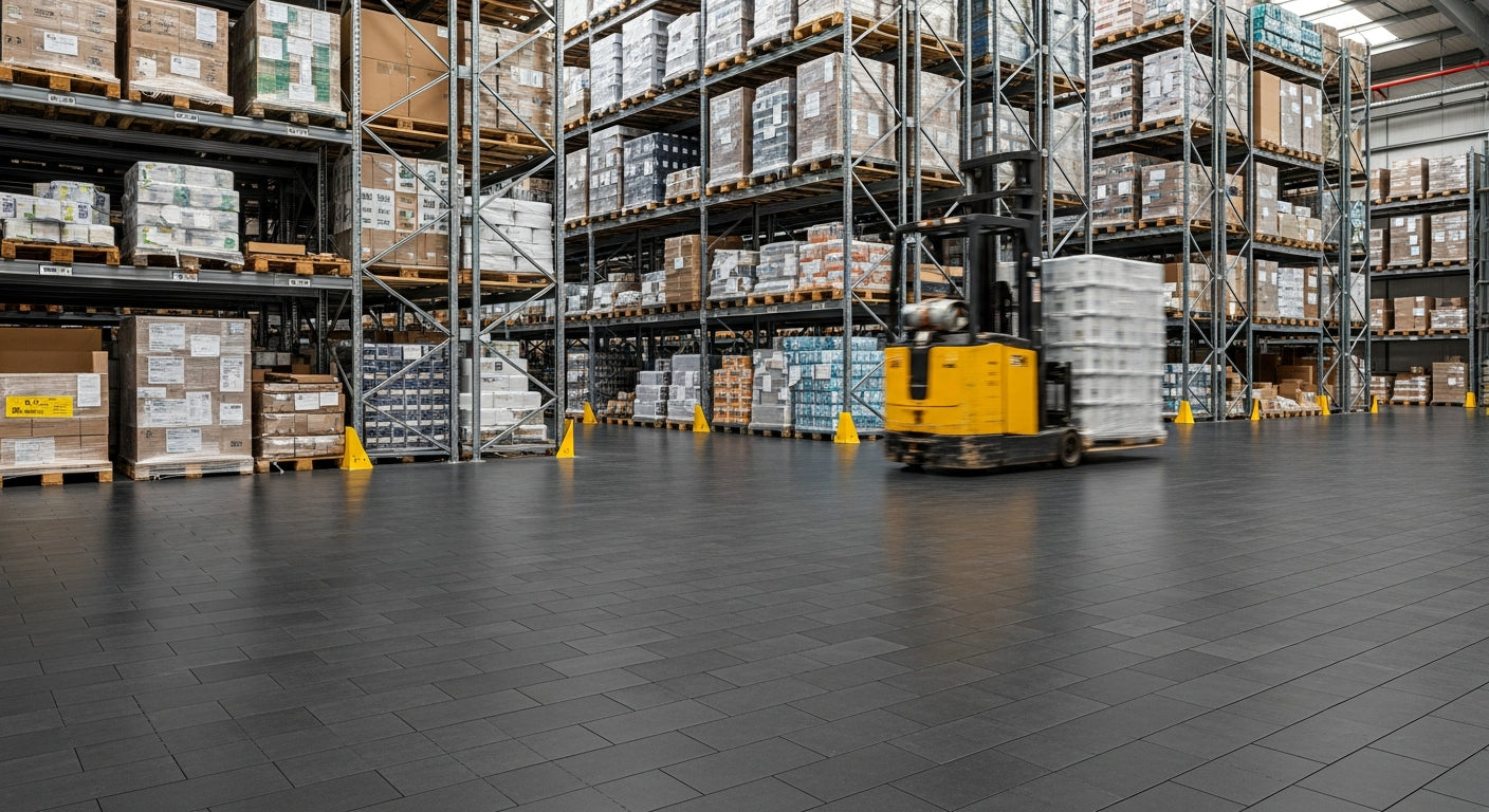 10mm Heavy-Duty PVC Floor Tiles in Modern Warehouse with Forklift